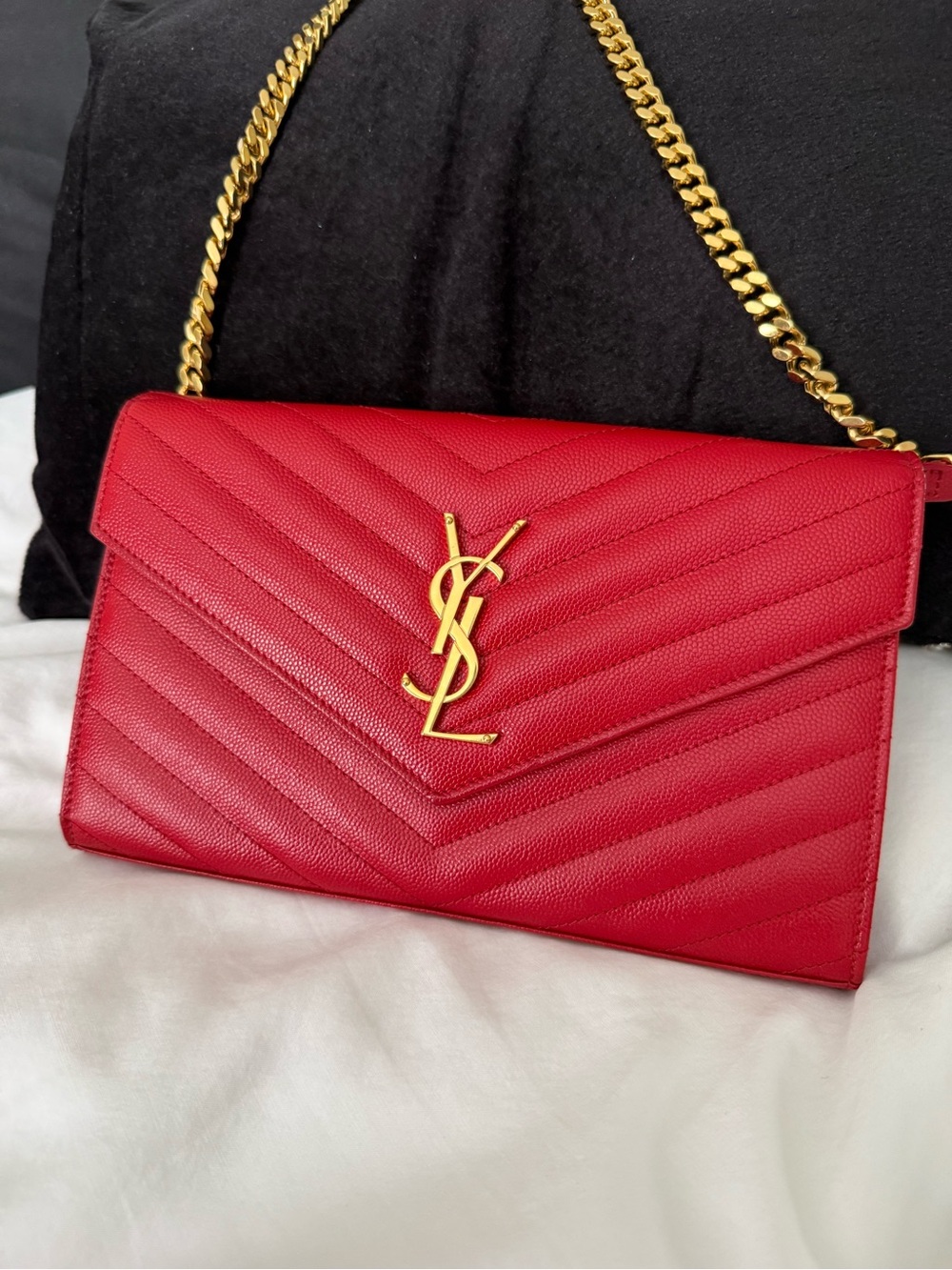 SAINT LAURENT Grain De Poudre Matelasse Chevron Monogram Chain Wallet Red YSL